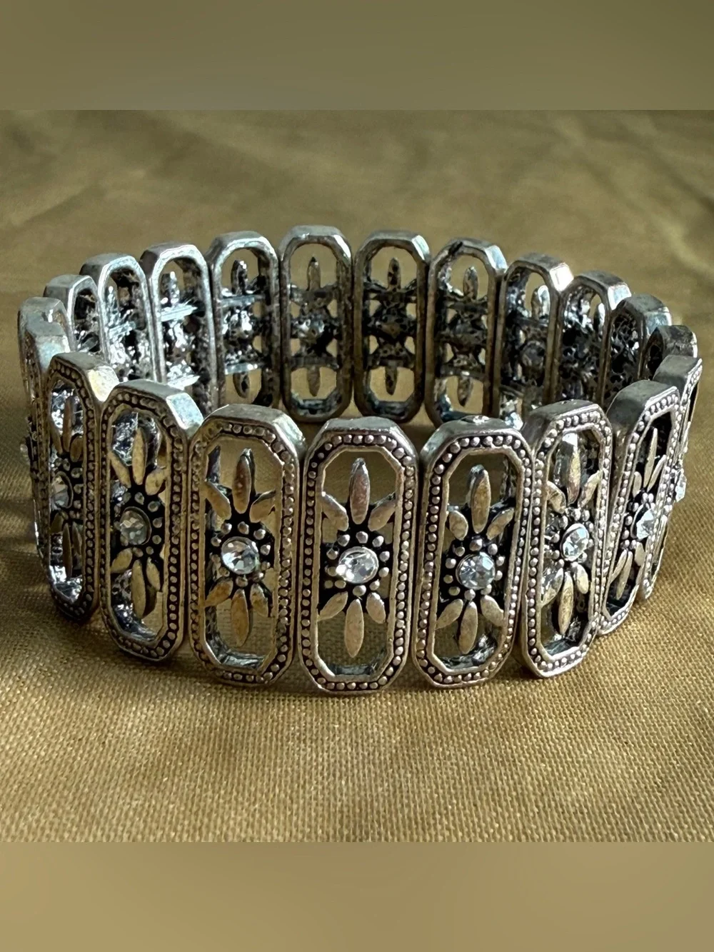 Silver Floral Stretch Bracelet with Crystal Accents